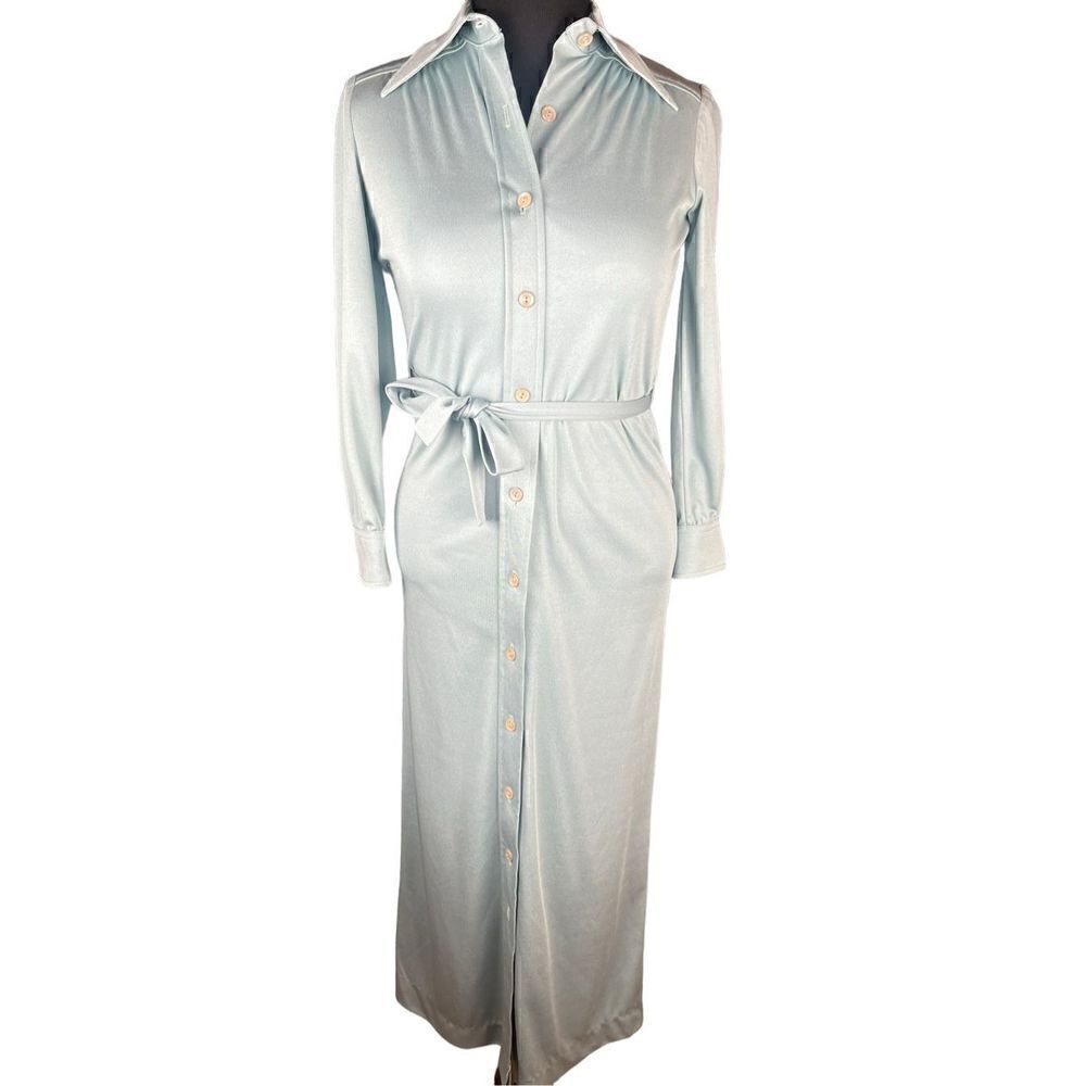 Vintage Schrader Sport  Light Blue green Sheath Belted Dress Collared Womens 6